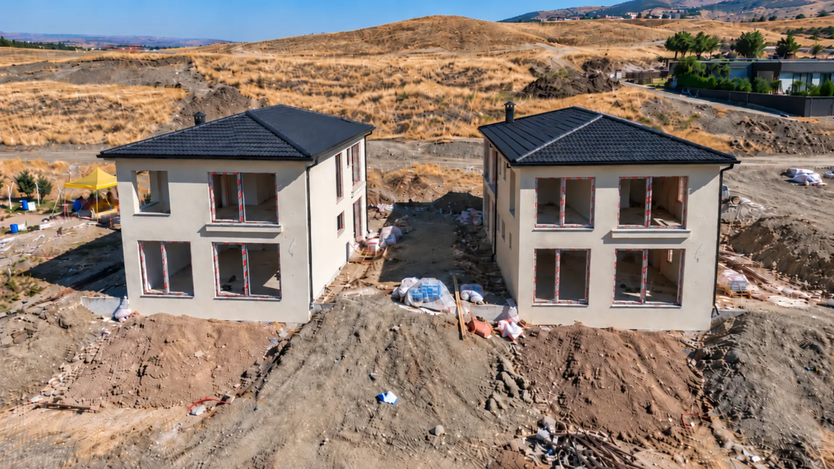 Kiremit çatılı, cepheleri tamamlanmış iki müstakil villanın havadan görünümü
